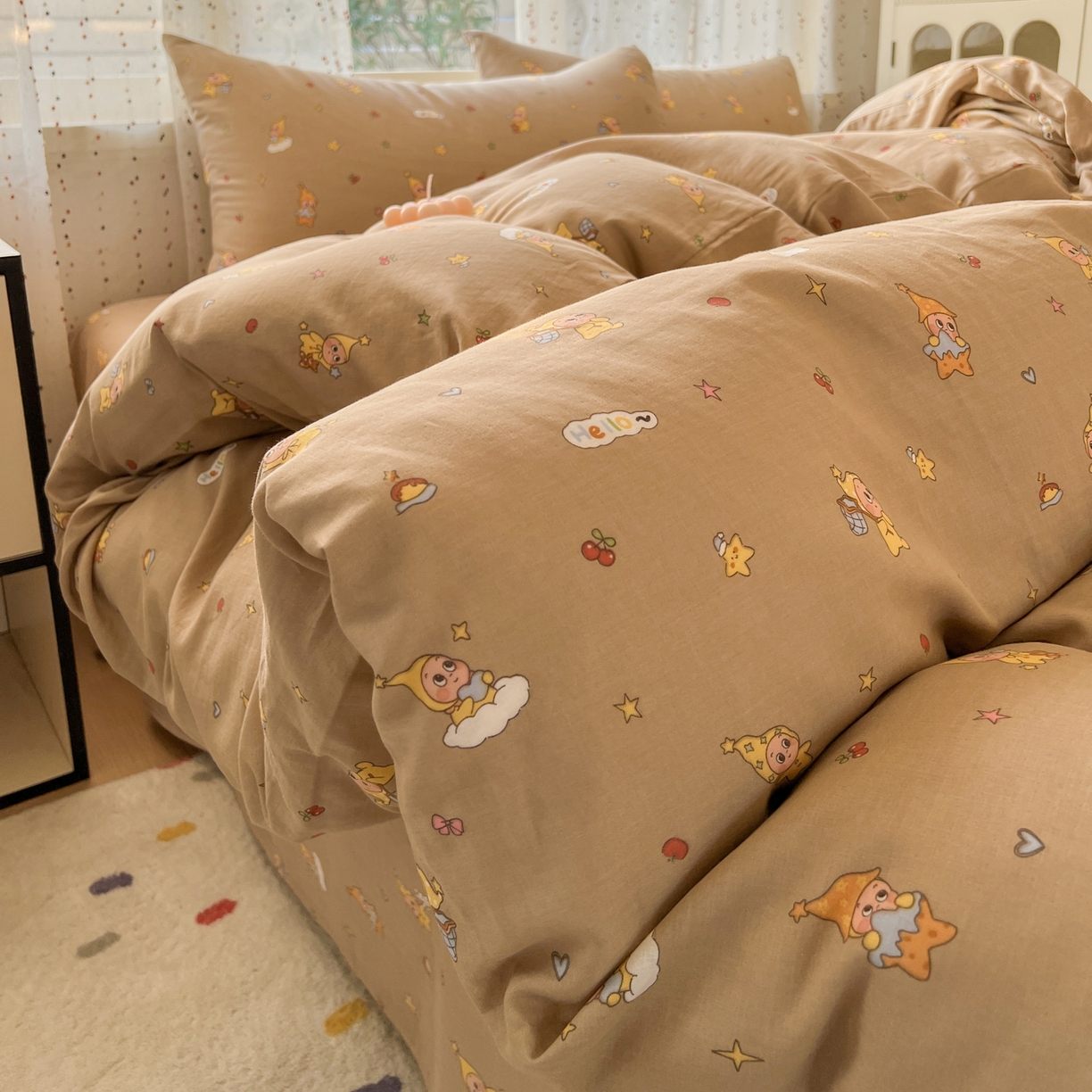 91家纺网 家纺一手货源 找家纺 感遇家纺 2026新款A类全棉有氧双层纱卡通四件套 星星人咖