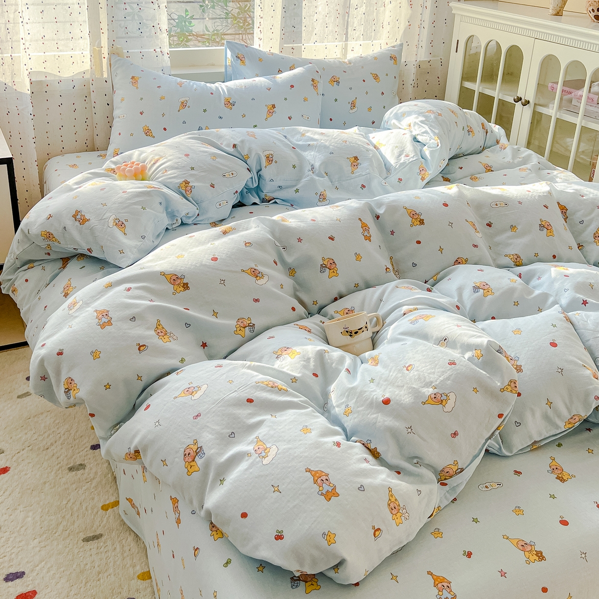 感遇家纺 2026新款A类全棉有氧双层纱卡通四件套 星星人蓝