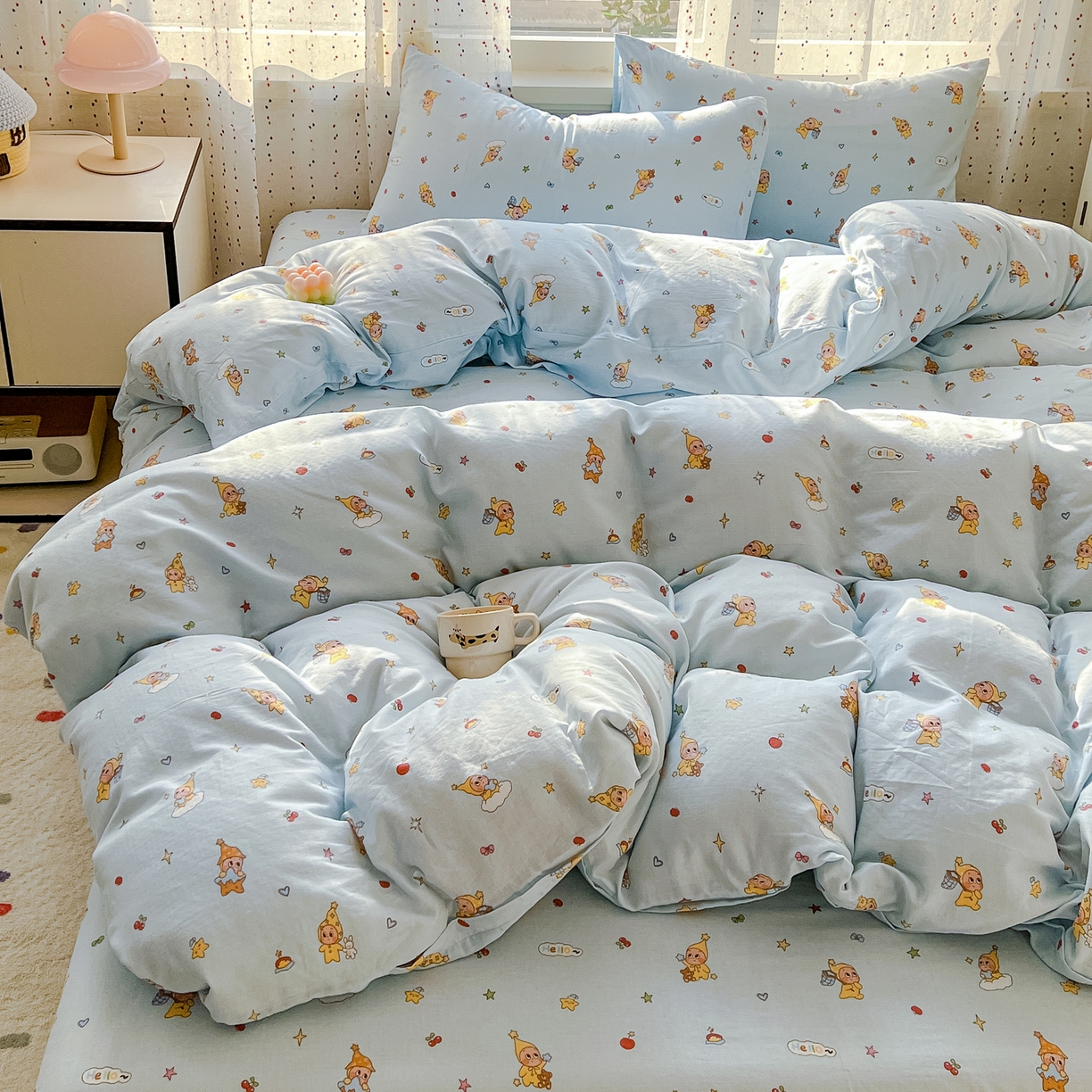 91家纺网 家纺一手货源 找家纺 感遇家纺 2026新款A类全棉有氧双层纱卡通四件套 星星人蓝