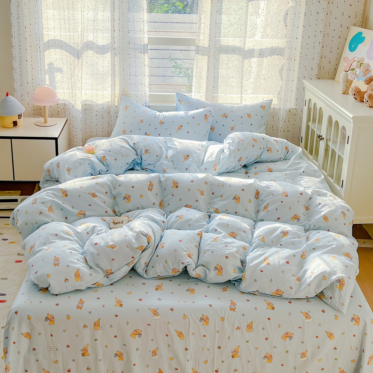 91家纺网 家纺一手货源 找家纺 感遇家纺 2026新款A类全棉有氧双层纱卡通四件套 星星人蓝