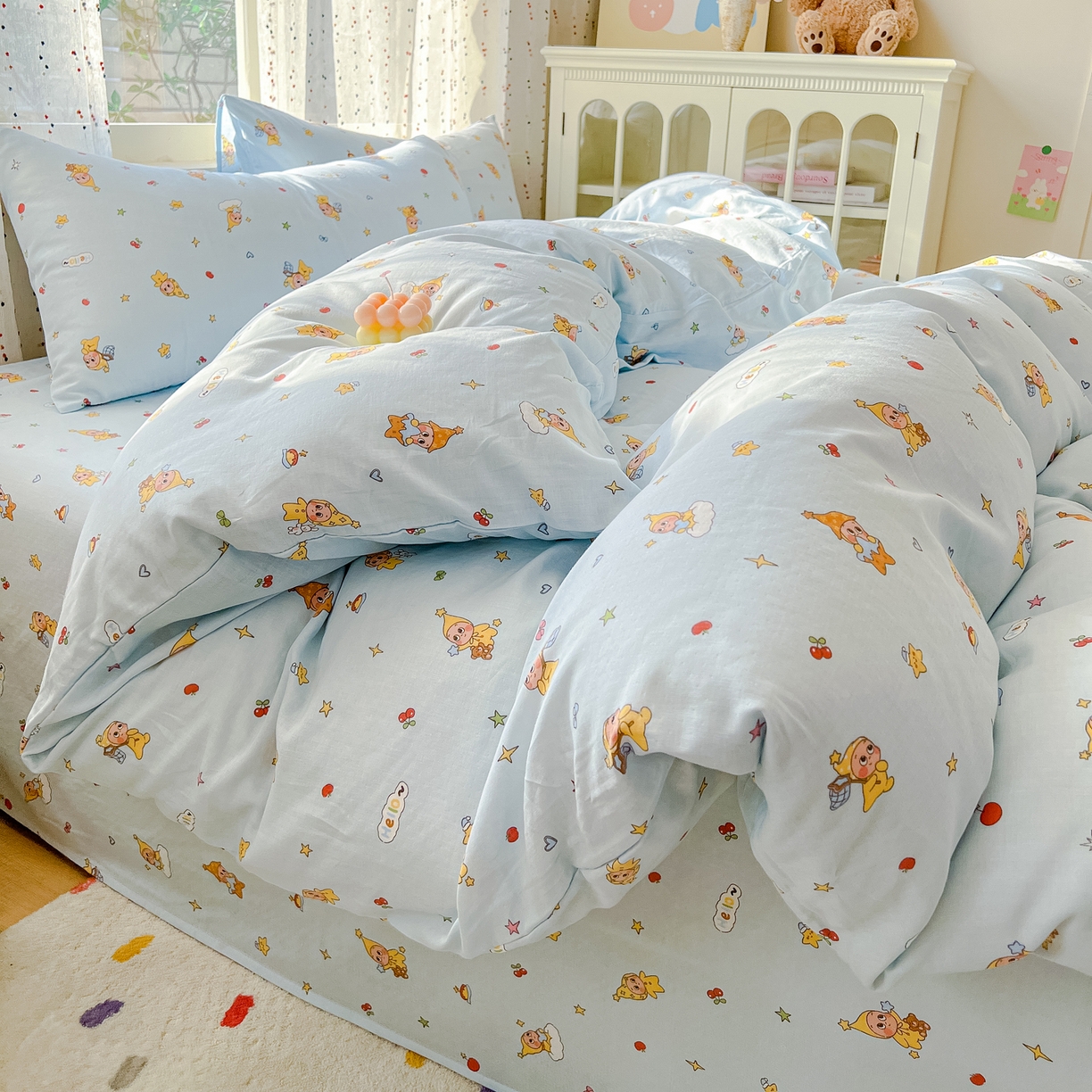 91家纺网 家纺一手货源 找家纺 感遇家纺 2026新款A类全棉有氧双层纱卡通四件套 星星人蓝