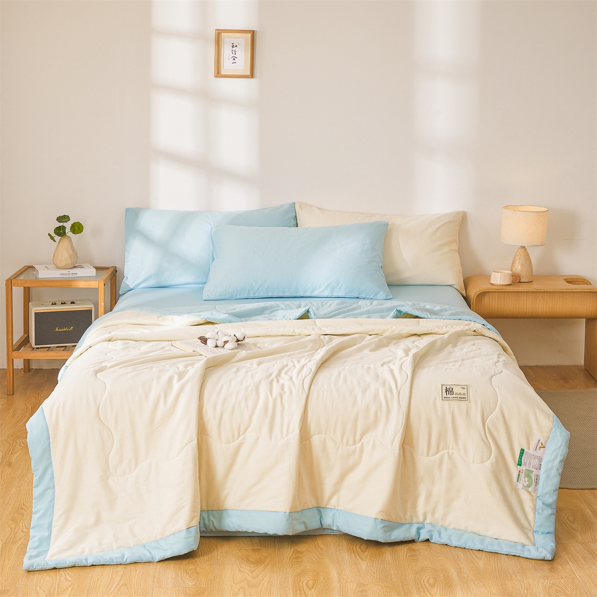 91家纺网 家纺一手货源 找家纺 晓时候 2026新款纯色100%里外全棉新疆棉花被纯棉夏凉被空调被夏被四件套被子被芯 里外全棉-月光白拼蓝