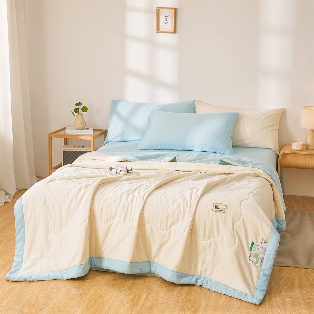 91家纺网 家纺一手货源 找家纺 晓时候 2026新款纯色100%里外全棉新疆棉花被纯棉夏凉被空调被夏被四件套被子被芯 里外全棉-月光白拼蓝