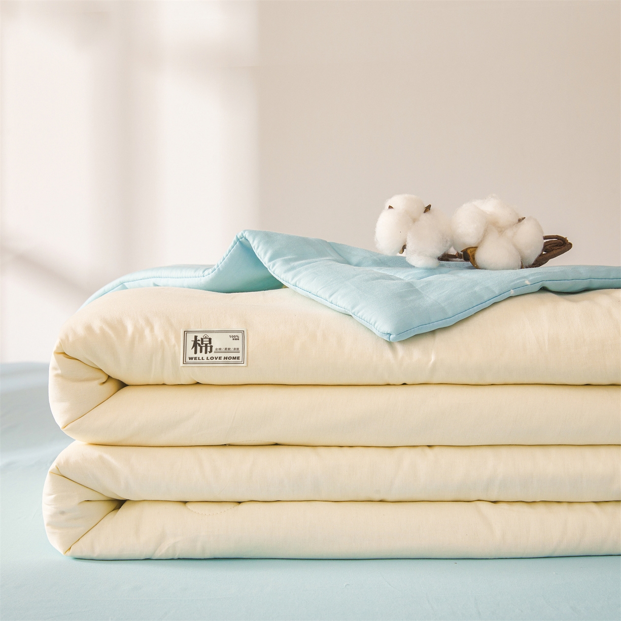 91家纺网 家纺一手货源 找家纺 晓时候 2026新款纯色100%里外全棉新疆棉花被纯棉夏凉被空调被夏被四件套被子被芯 里外全棉-月光白拼蓝