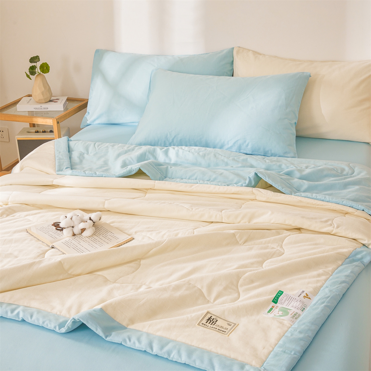 91家纺网 家纺一手货源 找家纺 晓时候 2026新款纯色100%里外全棉新疆棉花被纯棉夏凉被空调被夏被四件套被子被芯 里外全棉-月光白拼蓝