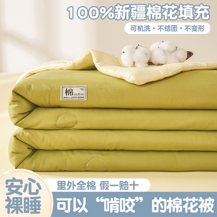 91家纺网 家纺一手货源 找家纺 晓时候 2026新款纯色100%里外全棉新疆棉花被纯棉夏凉被空调被夏被四件套被子被芯 里外全棉-果绿拼黄