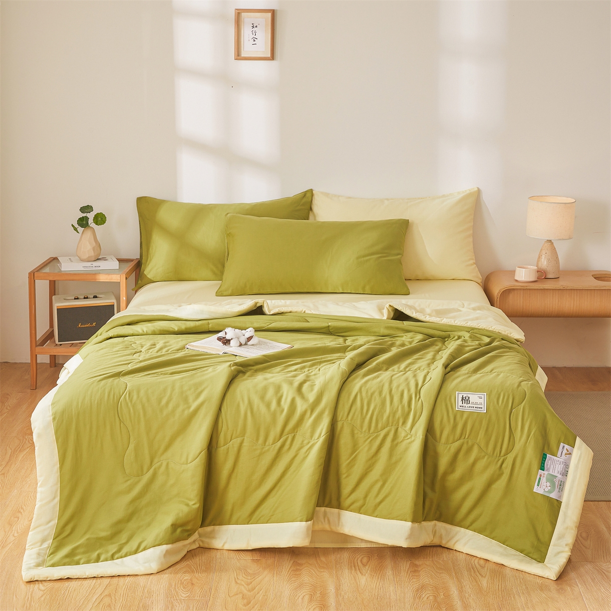 91家纺网 家纺一手货源 找家纺 晓时候 2026新款纯色100%里外全棉新疆棉花被纯棉夏凉被空调被夏被四件套被子被芯 里外全棉-果绿拼黄