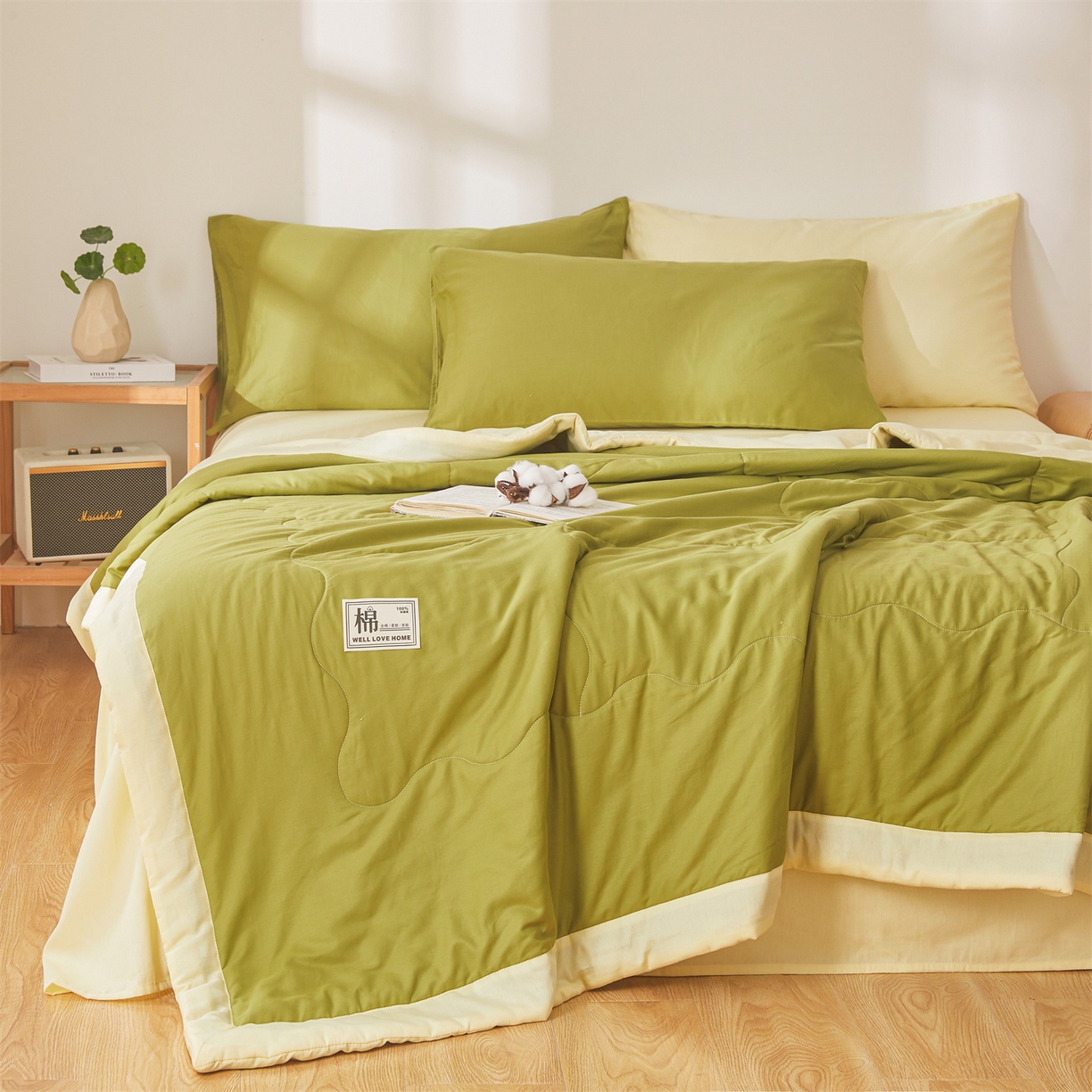 91家纺网 家纺一手货源 找家纺 晓时候 2026新款纯色100%里外全棉新疆棉花被纯棉夏凉被空调被夏被四件套被子被芯 里外全棉-果绿拼黄