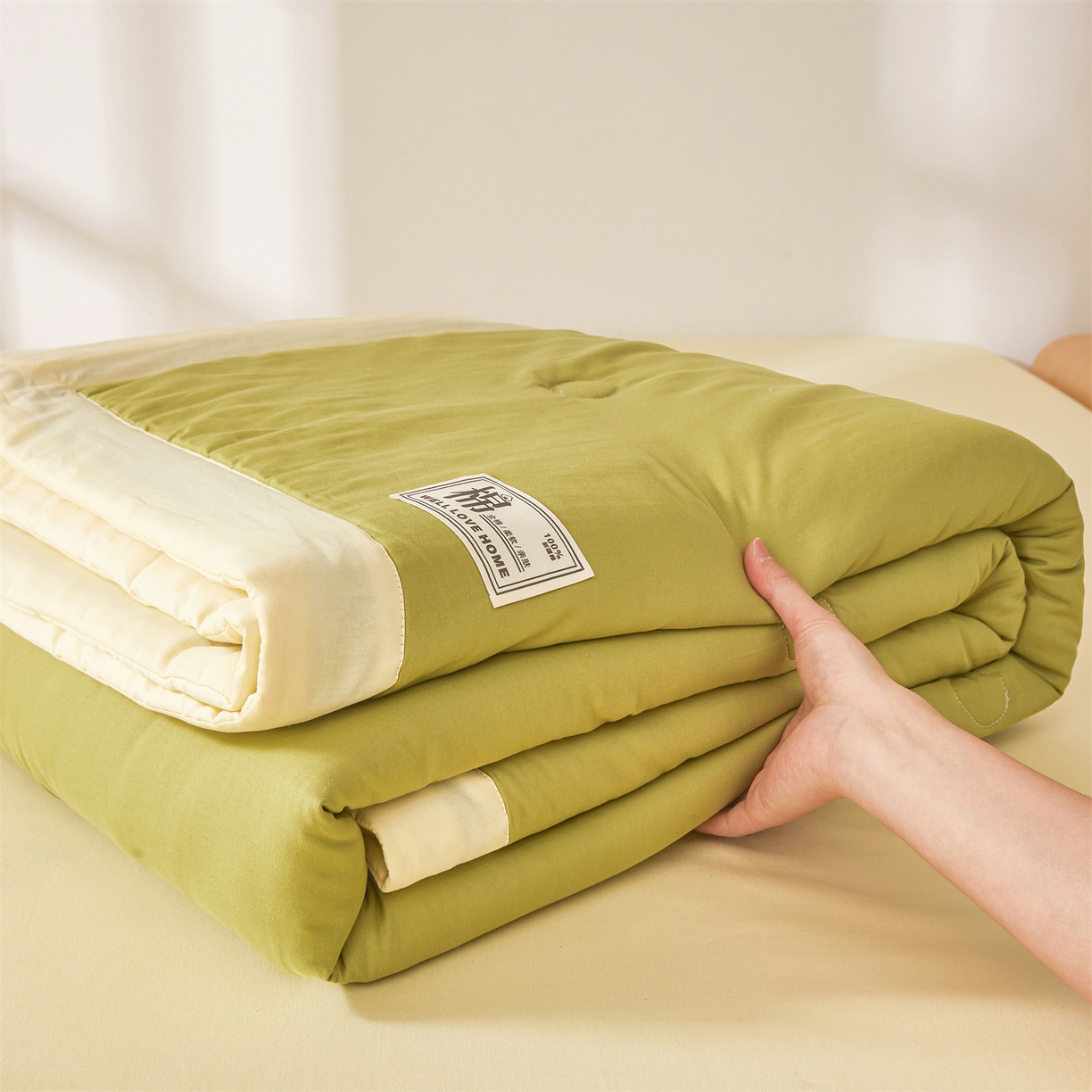 91家纺网 家纺一手货源 找家纺 晓时候 2026新款纯色100%里外全棉新疆棉花被纯棉夏凉被空调被夏被四件套被子被芯 里外全棉-果绿拼黄