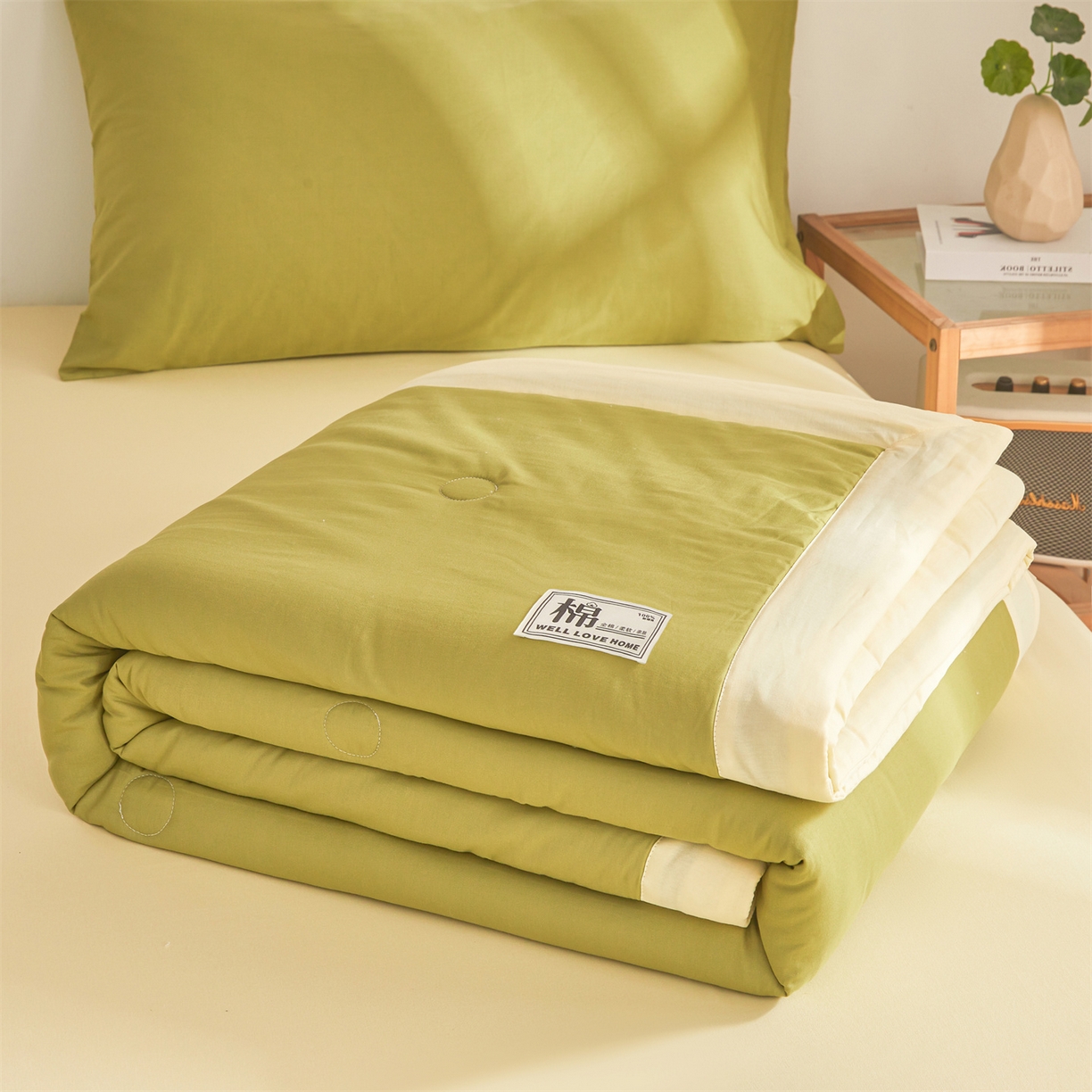 91家纺网 家纺一手货源 找家纺 晓时候 2026新款纯色100%里外全棉新疆棉花被纯棉夏凉被空调被夏被四件套被子被芯 里外全棉-果绿拼黄
