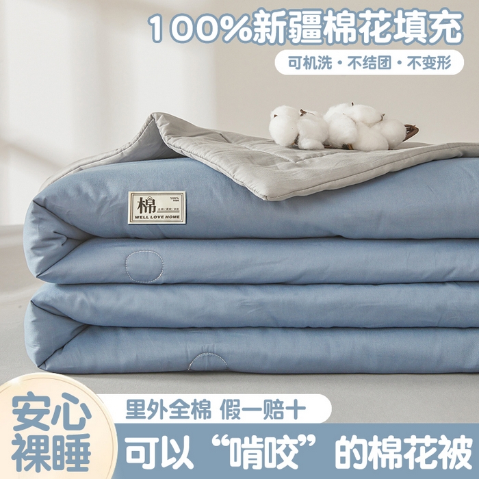 91家纺网 家纺一手货源 找家纺 晓时候 2026新款纯色100%里外全棉新疆棉花被纯棉夏凉被空调被夏被四件套被子被芯 里外全棉-海蓝拼灰