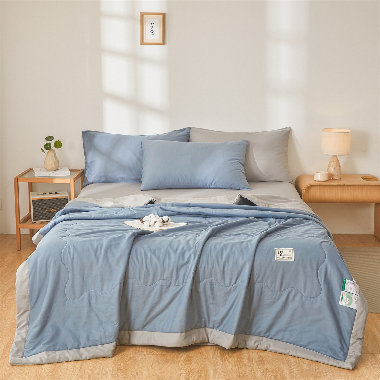91家纺网 家纺一手货源 找家纺 晓时候 2026新款纯色100%里外全棉新疆棉花被纯棉夏凉被空调被夏被四件套被子被芯 里外全棉-海蓝拼灰