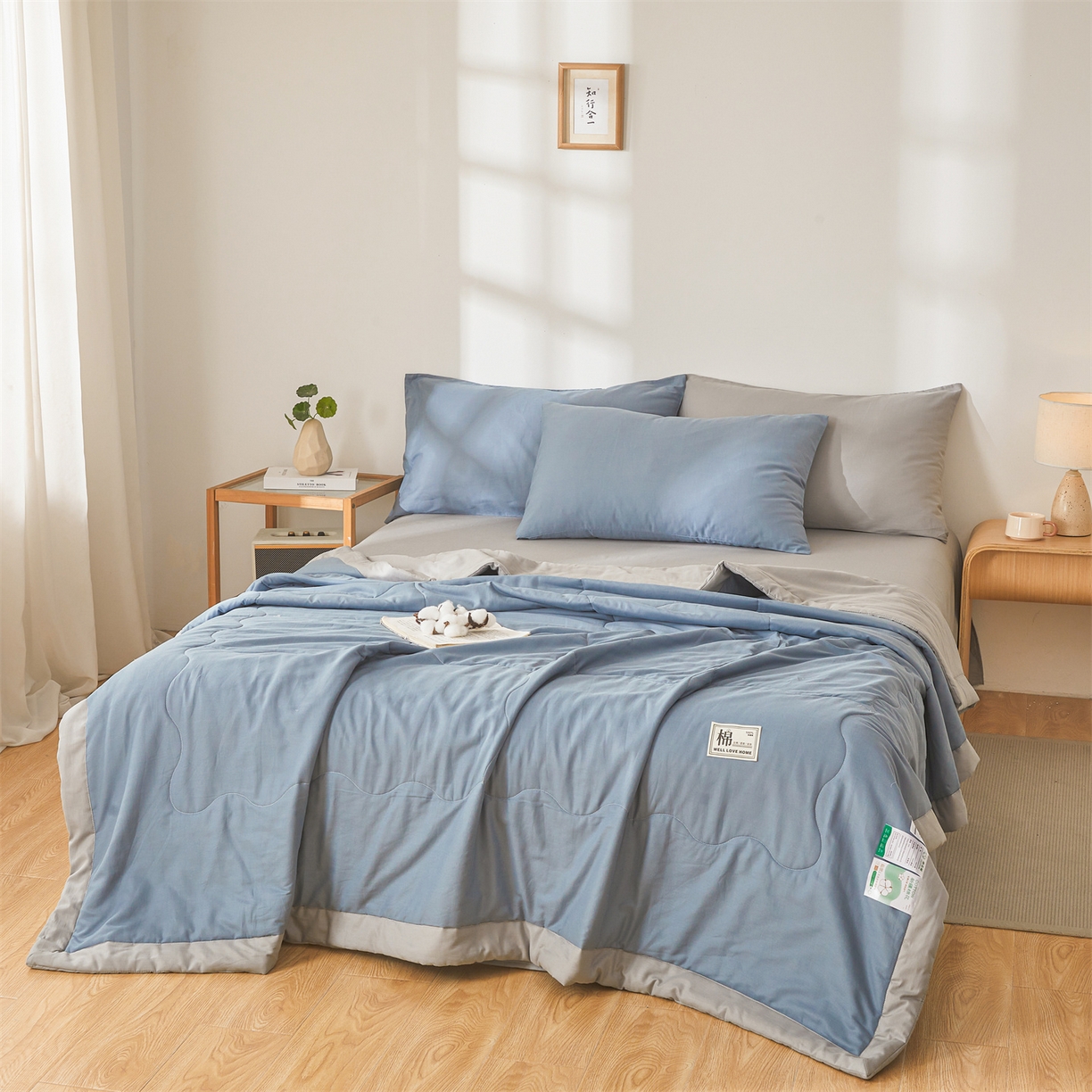 91家纺网 家纺一手货源 找家纺 晓时候 2026新款纯色100%里外全棉新疆棉花被纯棉夏凉被空调被夏被四件套被子被芯 里外全棉-海蓝拼灰