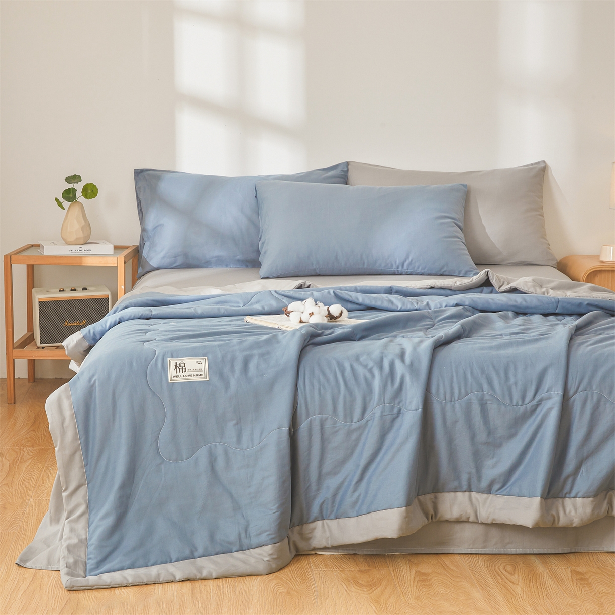 91家纺网 家纺一手货源 找家纺 晓时候 2026新款纯色100%里外全棉新疆棉花被纯棉夏凉被空调被夏被四件套被子被芯 里外全棉-海蓝拼灰