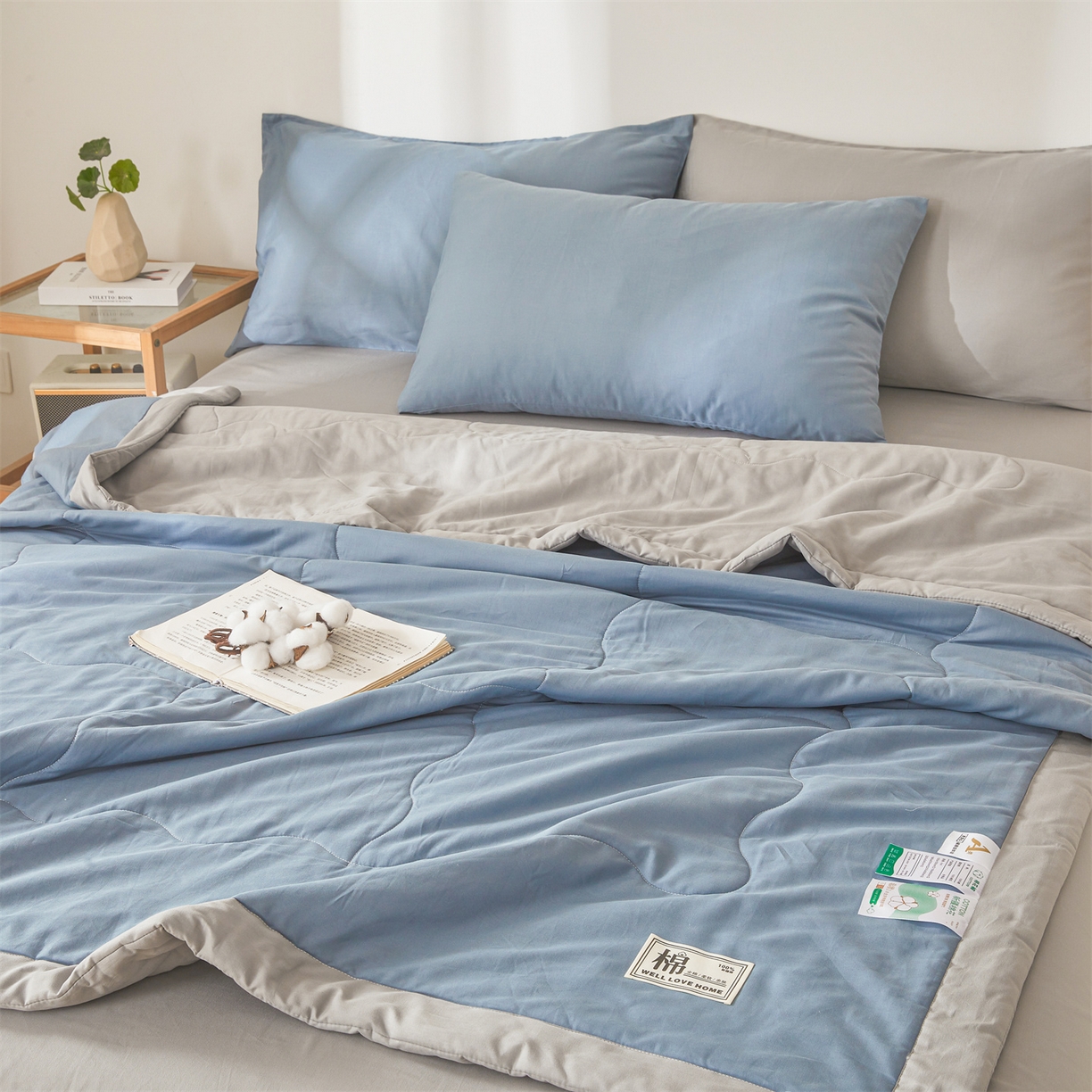 91家纺网 家纺一手货源 找家纺 晓时候 2026新款纯色100%里外全棉新疆棉花被纯棉夏凉被空调被夏被四件套被子被芯 里外全棉-海蓝拼灰