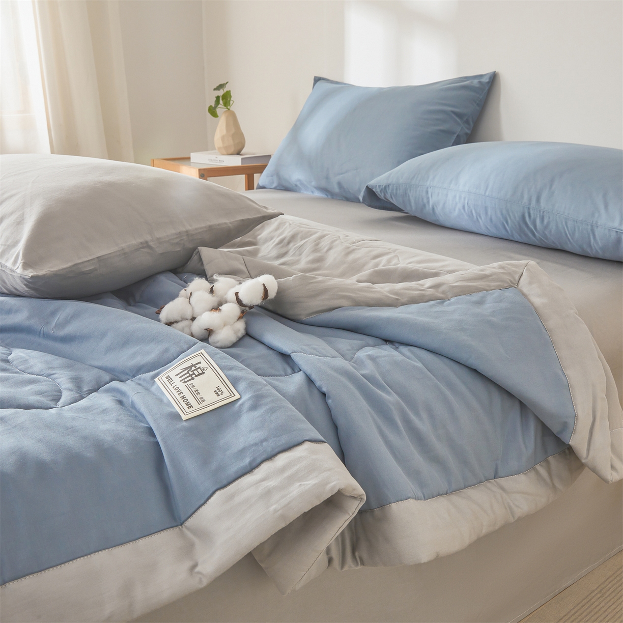 91家纺网 家纺一手货源 找家纺 晓时候 2026新款纯色100%里外全棉新疆棉花被纯棉夏凉被空调被夏被四件套被子被芯 里外全棉-海蓝拼灰