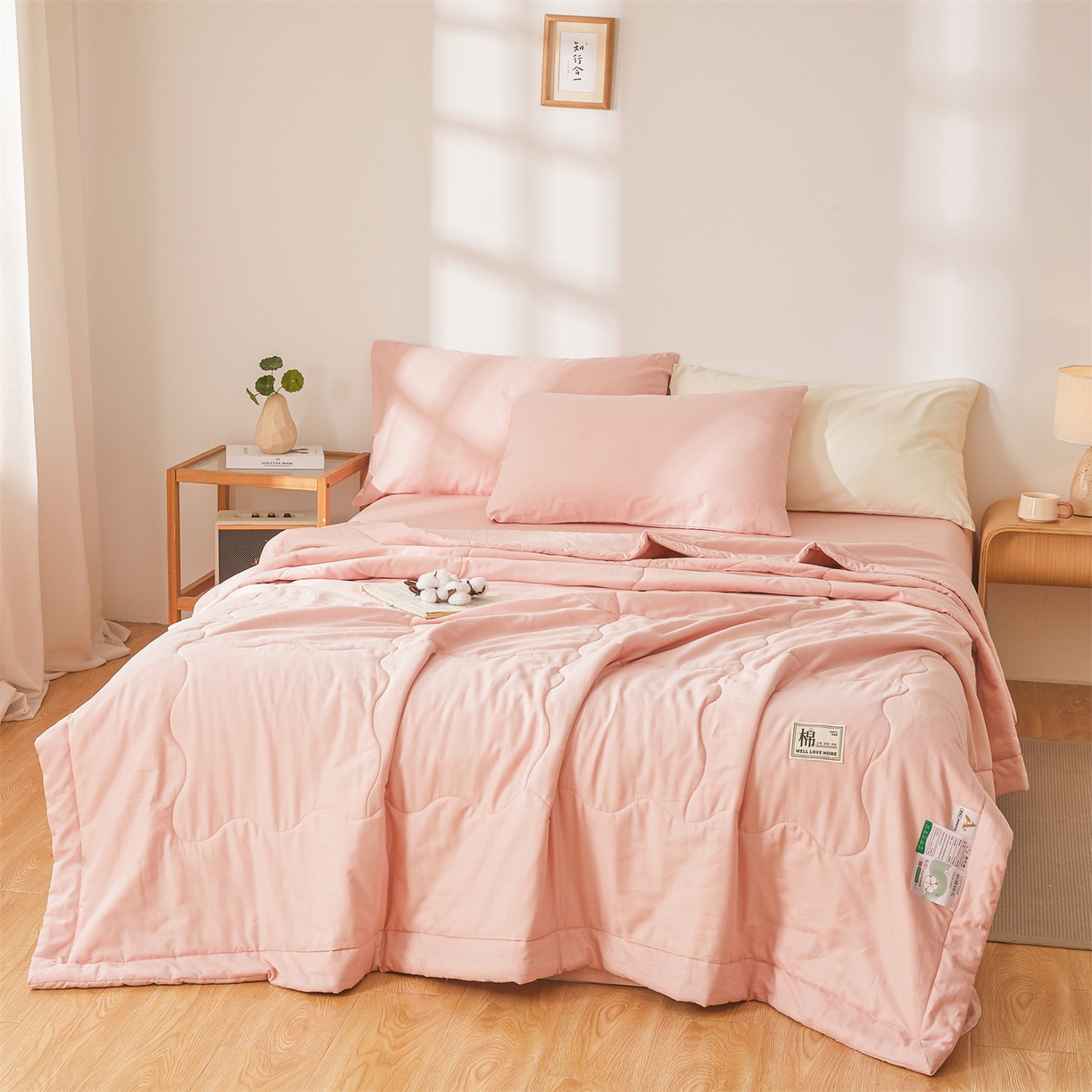 91家纺网 家纺一手货源 找家纺 晓时候 2026新款纯色100%里外全棉新疆棉花被纯棉夏凉被空调被夏被四件套被子被芯 里外全棉-珊瑚粉
