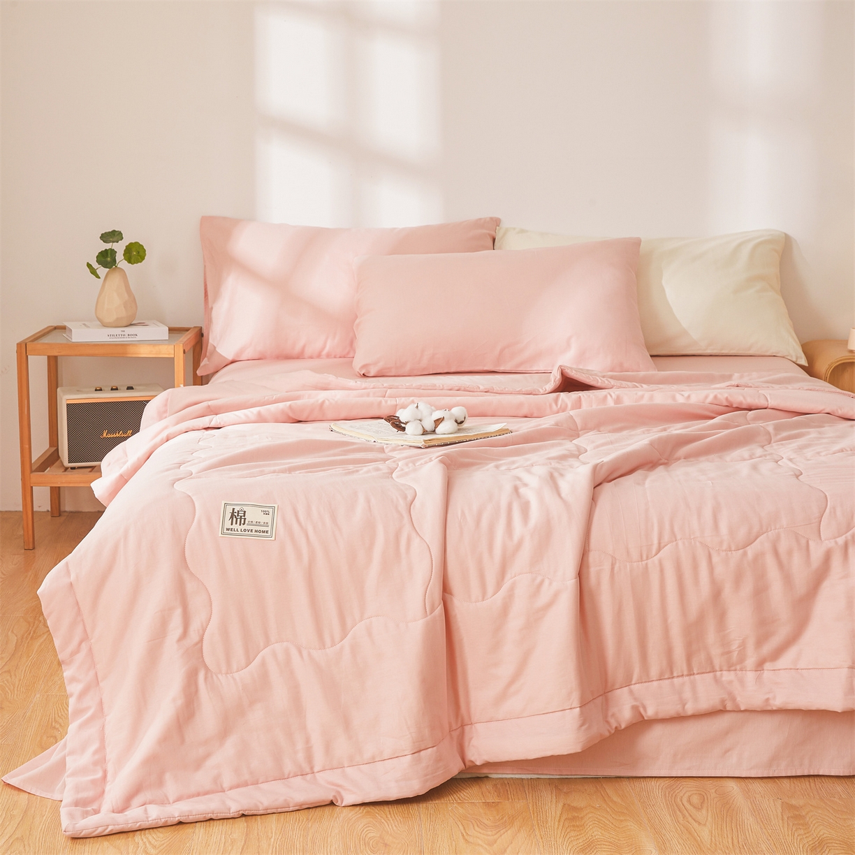 91家纺网 家纺一手货源 找家纺 晓时候 2026新款纯色100%里外全棉新疆棉花被纯棉夏凉被空调被夏被四件套被子被芯 里外全棉-珊瑚粉