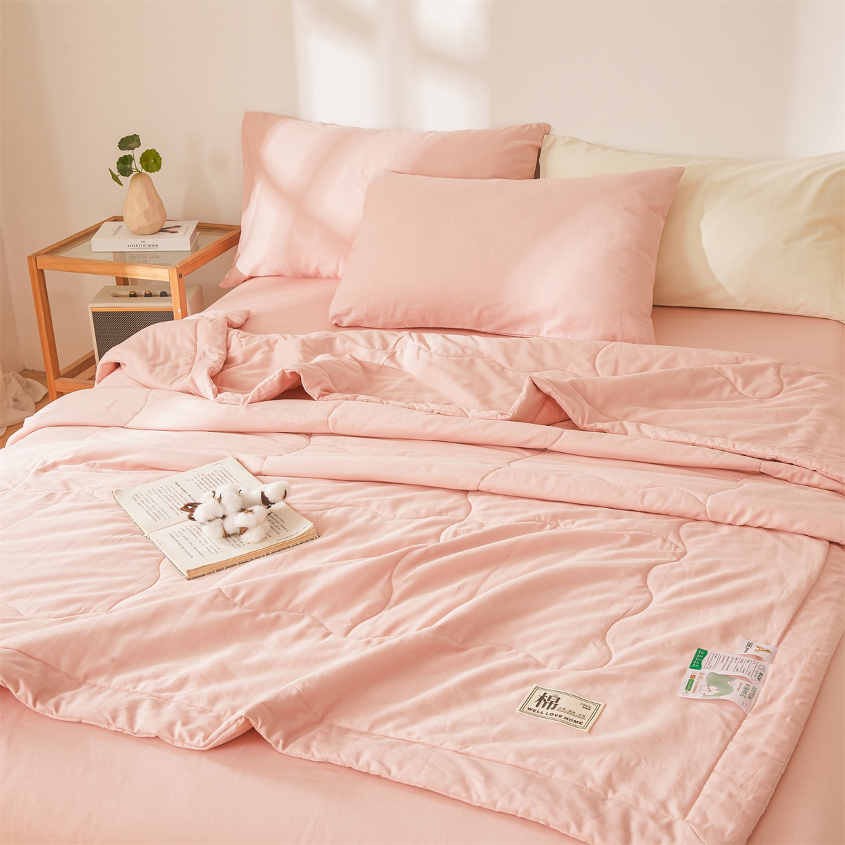 91家纺网 家纺一手货源 找家纺 晓时候 2026新款纯色100%里外全棉新疆棉花被纯棉夏凉被空调被夏被四件套被子被芯 里外全棉-珊瑚粉