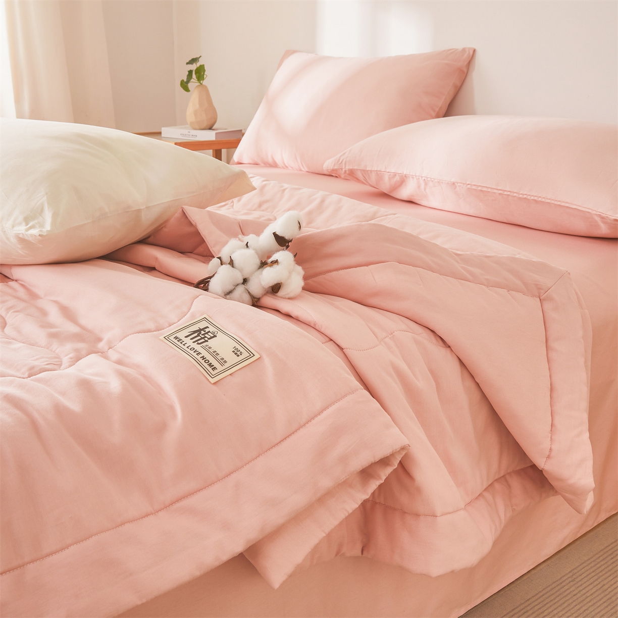 91家纺网 家纺一手货源 找家纺 晓时候 2026新款纯色100%里外全棉新疆棉花被纯棉夏凉被空调被夏被四件套被子被芯 里外全棉-珊瑚粉