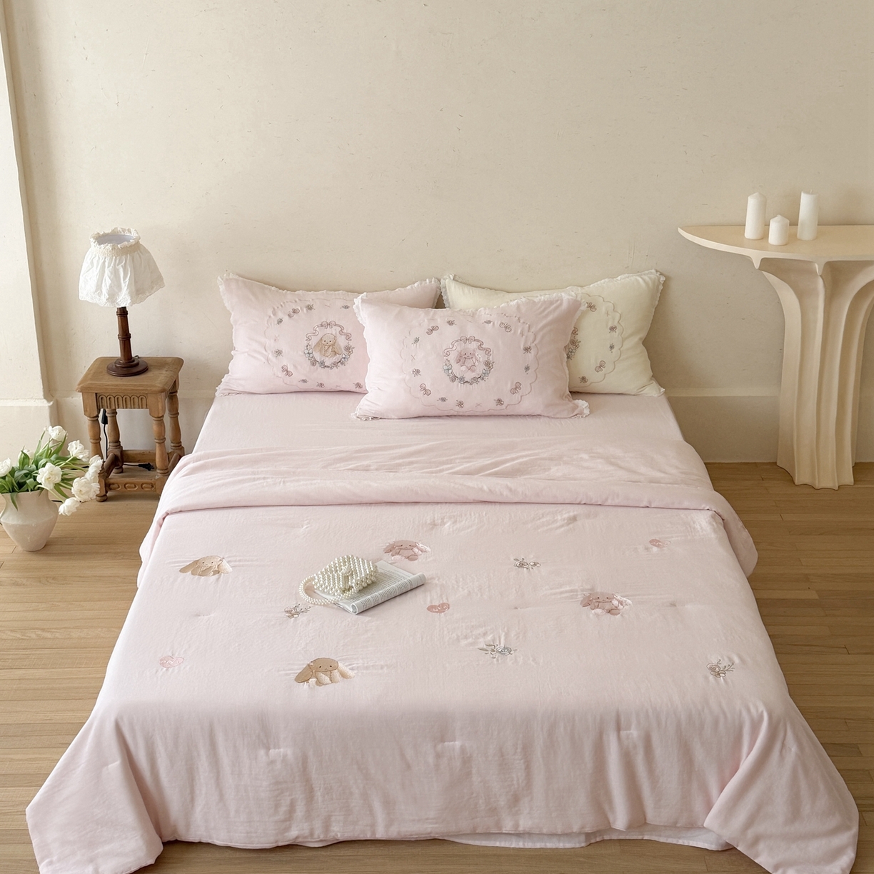 91家纺网 家纺一手货源 找家纺 鹿班家居 2026春夏新款全棉皱皱纱刺绣夏被夏凉被空调被-糯糯奶泡（标准会员-20元） 糯糯奶泡-粉色