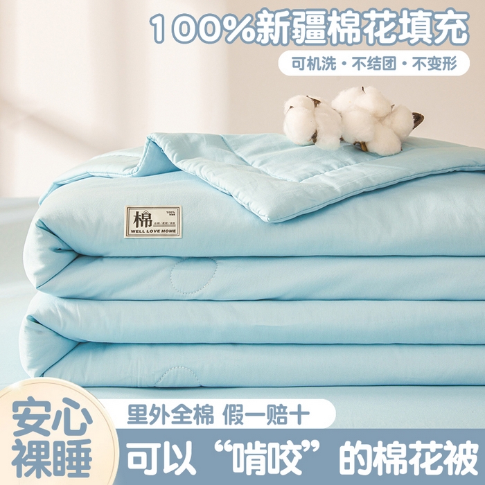 91家纺网 家纺一手货源 找家纺 晓时候 2026新款纯色100%里外全棉新疆棉花被纯棉夏凉被空调被夏被四件套被子被芯 里外全棉-天空蓝