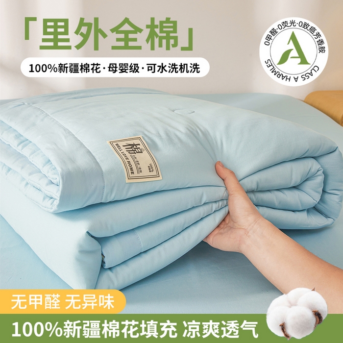 91家纺网 家纺一手货源 找家纺 晓时候 2026新款纯色100%里外全棉新疆棉花被纯棉夏凉被空调被夏被四件套被子被芯 里外全棉-天空蓝