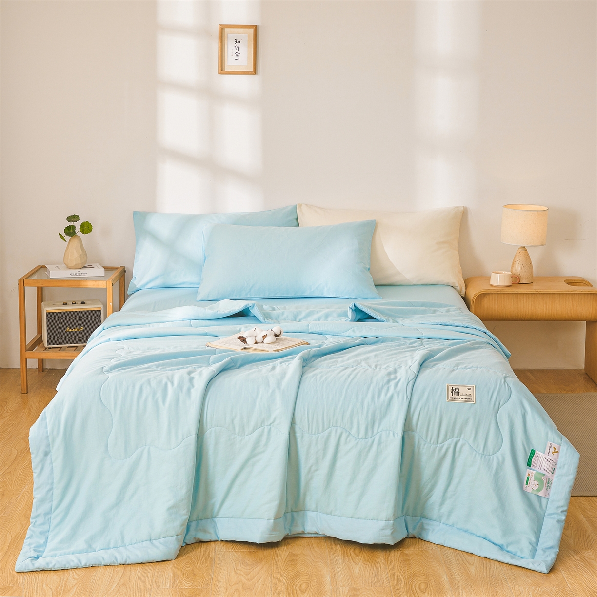 91家纺网 家纺一手货源 找家纺 晓时候 2026新款纯色100%里外全棉新疆棉花被纯棉夏凉被空调被夏被四件套被子被芯 里外全棉-天空蓝