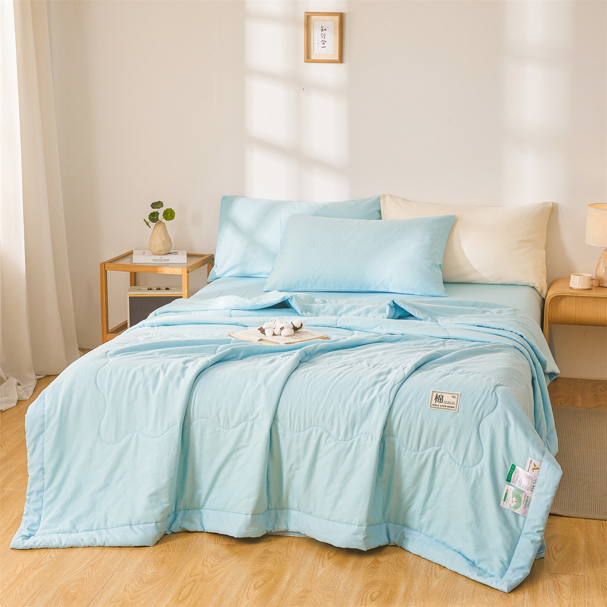 91家纺网 家纺一手货源 找家纺 晓时候 2026新款纯色100%里外全棉新疆棉花被纯棉夏凉被空调被夏被四件套被子被芯 里外全棉-天空蓝