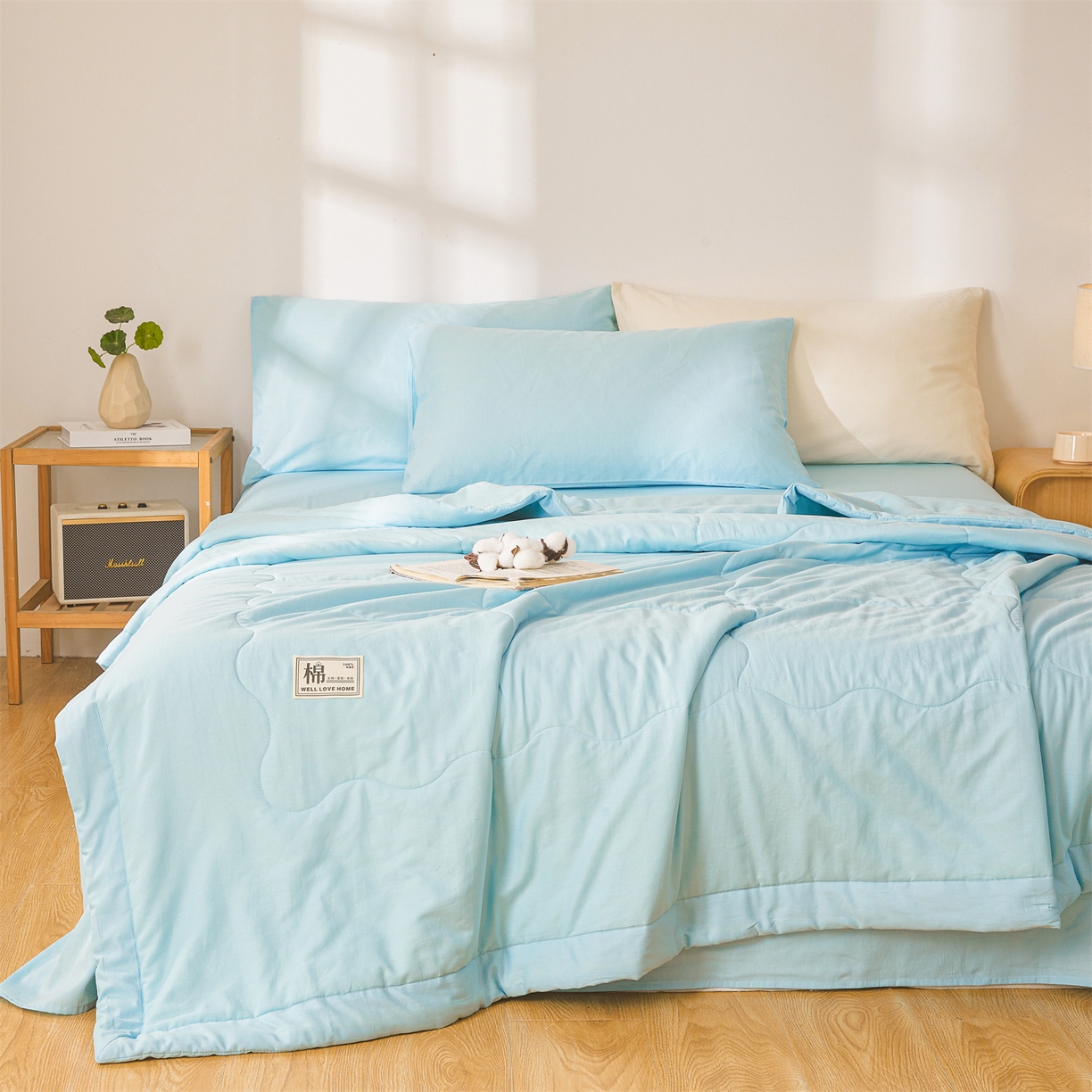 91家纺网 家纺一手货源 找家纺 晓时候 2026新款纯色100%里外全棉新疆棉花被纯棉夏凉被空调被夏被四件套被子被芯 里外全棉-天空蓝