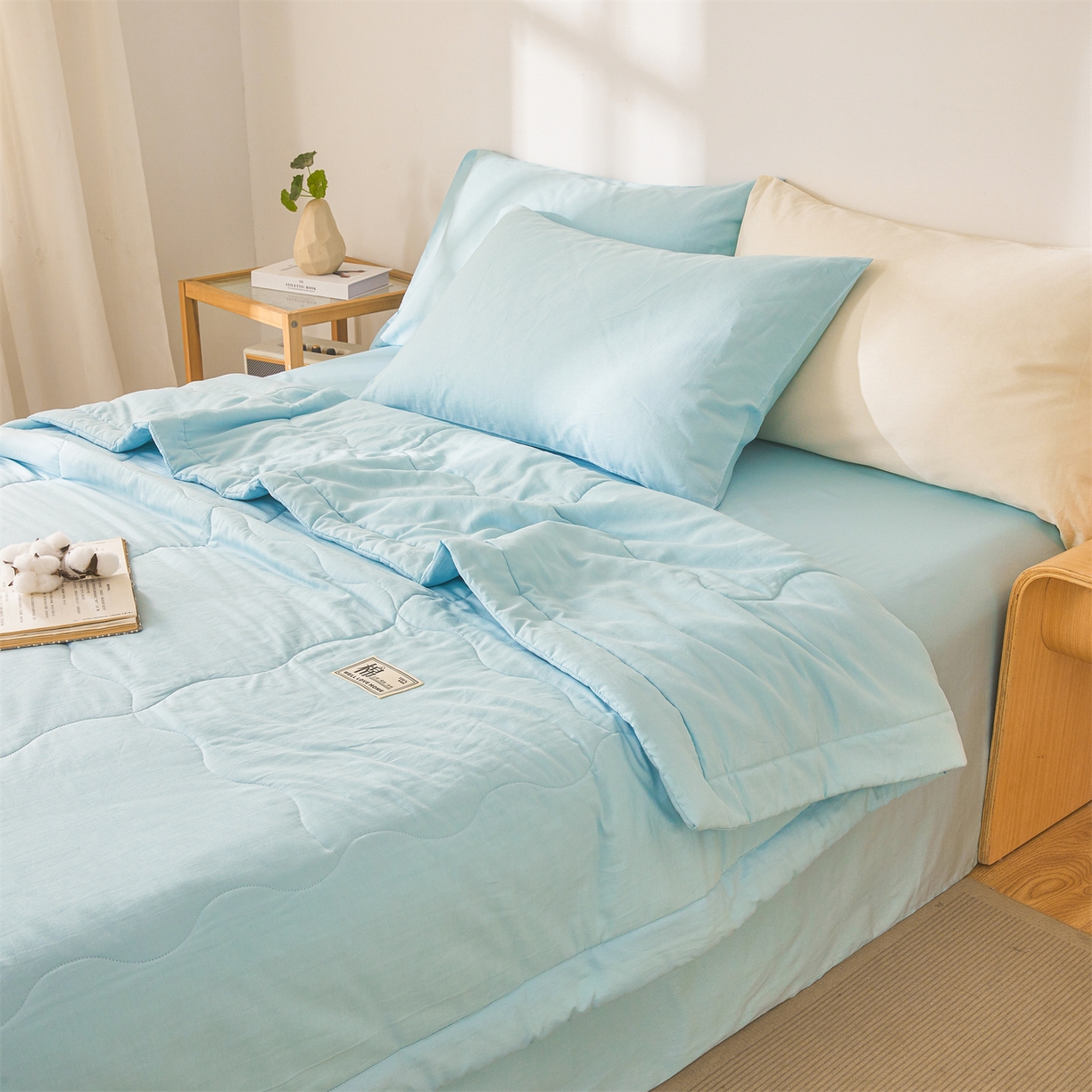 91家纺网 家纺一手货源 找家纺 晓时候 2026新款纯色100%里外全棉新疆棉花被纯棉夏凉被空调被夏被四件套被子被芯 里外全棉-天空蓝