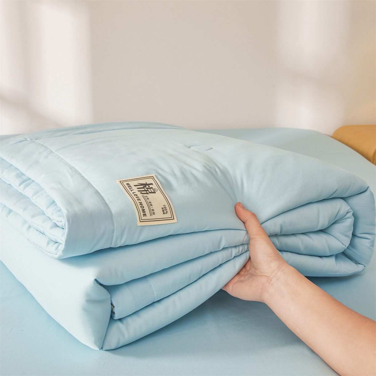 91家纺网 家纺一手货源 找家纺 晓时候 2026新款纯色100%里外全棉新疆棉花被纯棉夏凉被空调被夏被四件套被子被芯 里外全棉-天空蓝
