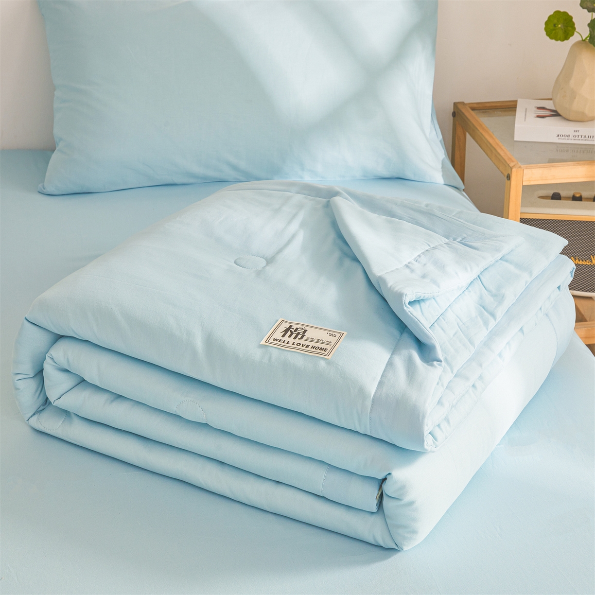 91家纺网 家纺一手货源 找家纺 晓时候 2026新款纯色100%里外全棉新疆棉花被纯棉夏凉被空调被夏被四件套被子被芯 里外全棉-天空蓝