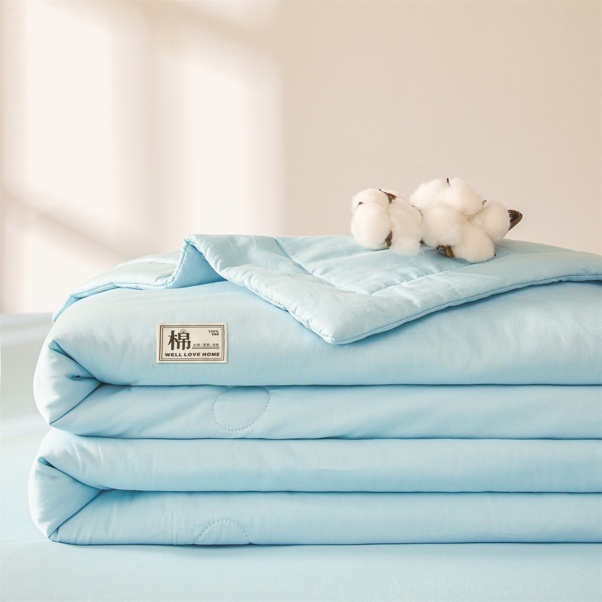 91家纺网 家纺一手货源 找家纺 晓时候 2026新款纯色100%里外全棉新疆棉花被纯棉夏凉被空调被夏被四件套被子被芯 里外全棉-天空蓝