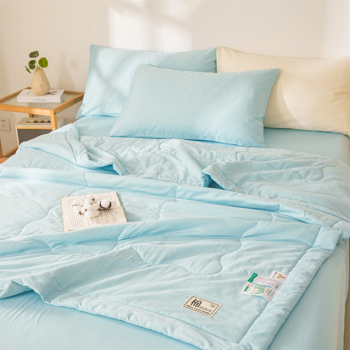 91家纺网 家纺一手货源 找家纺 晓时候 2026新款纯色100%里外全棉新疆棉花被纯棉夏凉被空调被夏被四件套被子被芯 里外全棉-天空蓝