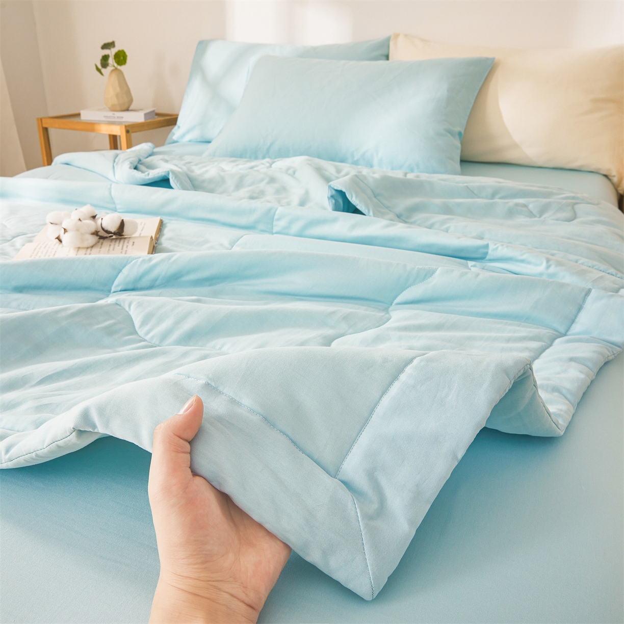 91家纺网 家纺一手货源 找家纺 晓时候 2026新款纯色100%里外全棉新疆棉花被纯棉夏凉被空调被夏被四件套被子被芯 里外全棉-天空蓝