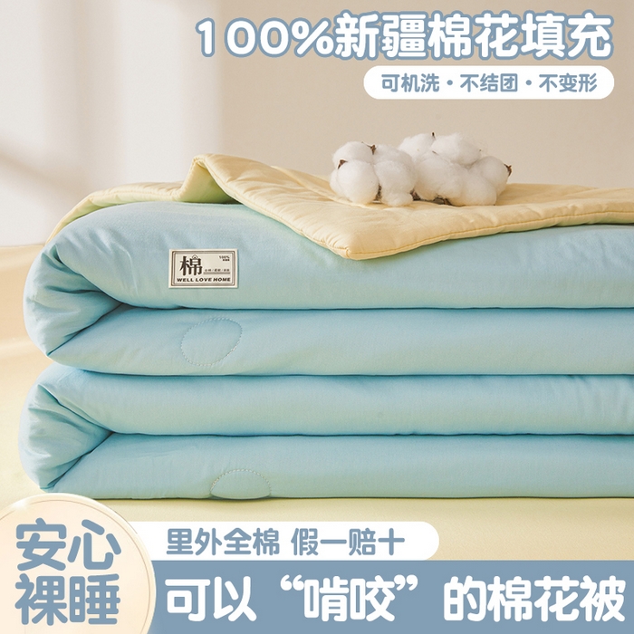 91家纺网 家纺一手货源 找家纺 晓时候 2026新款纯色100%里外全棉新疆棉花被纯棉夏凉被空调被夏被四件套被子被芯 里外全棉-天空蓝拼黄