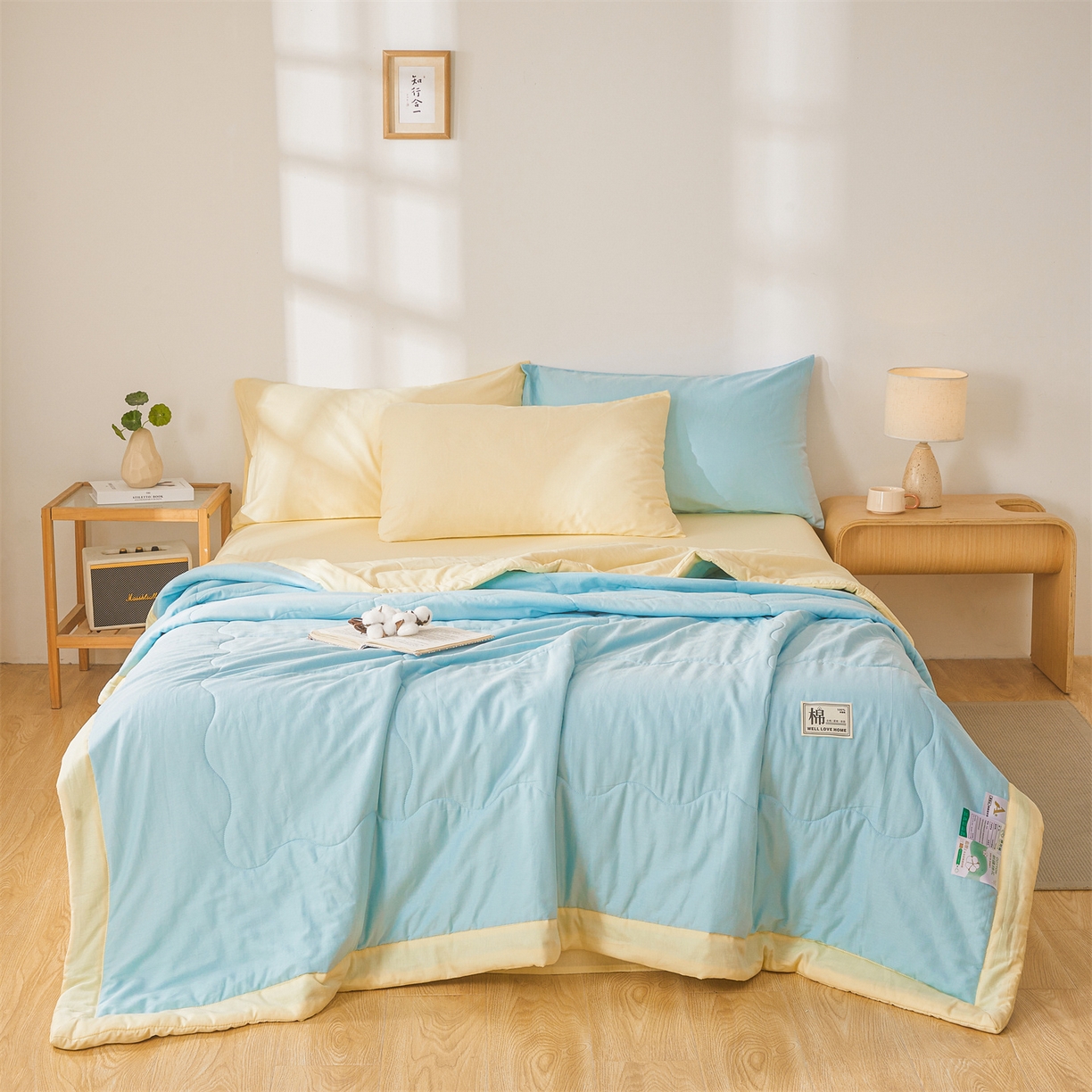 91家纺网 家纺一手货源 找家纺 晓时候 2026新款纯色100%里外全棉新疆棉花被纯棉夏凉被空调被夏被四件套被子被芯 里外全棉-天空蓝拼黄