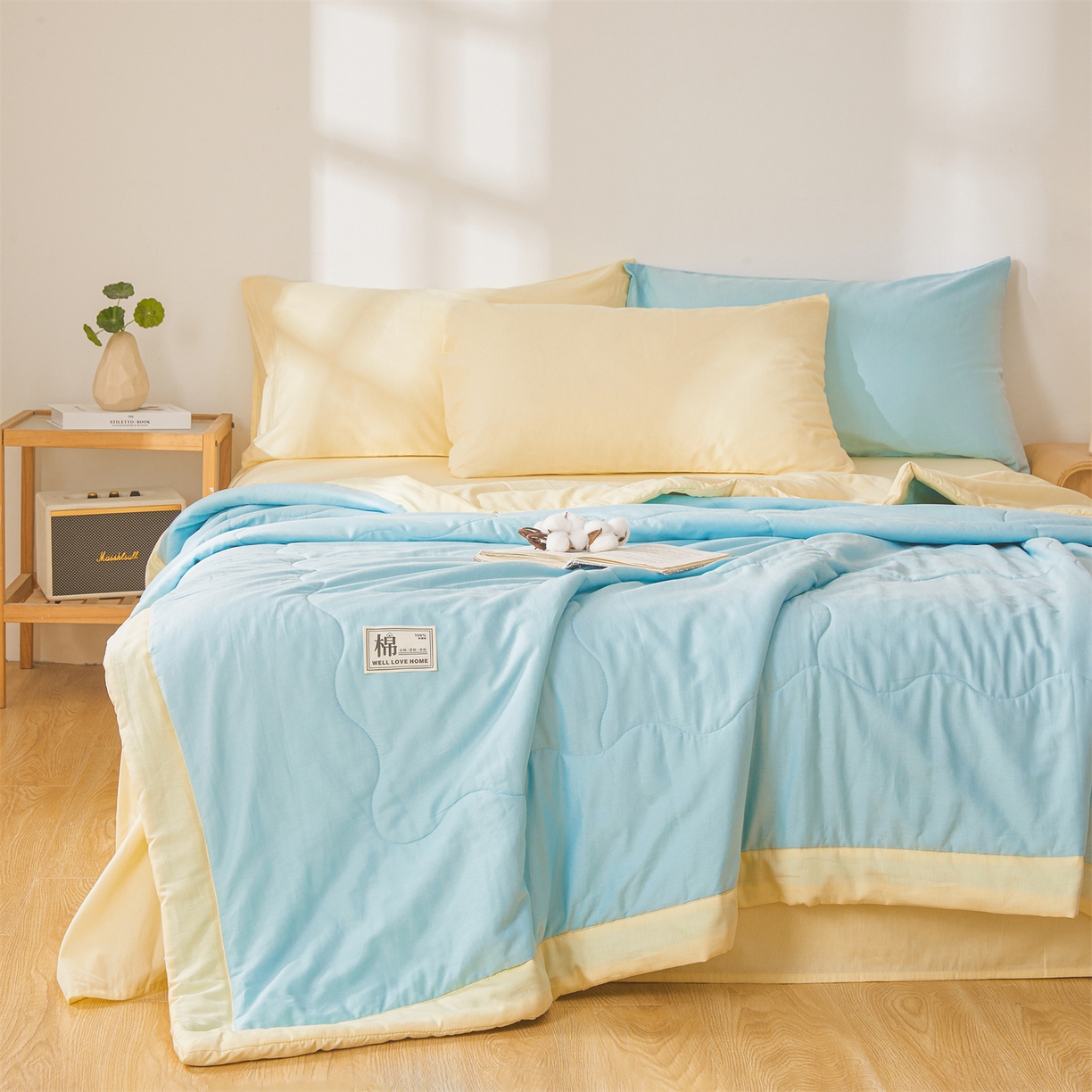 91家纺网 家纺一手货源 找家纺 晓时候 2026新款纯色100%里外全棉新疆棉花被纯棉夏凉被空调被夏被四件套被子被芯 里外全棉-天空蓝拼黄