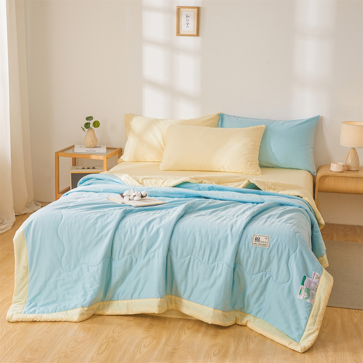 91家纺网 家纺一手货源 找家纺 晓时候 2026新款纯色100%里外全棉新疆棉花被纯棉夏凉被空调被夏被四件套被子被芯 里外全棉-天空蓝拼黄