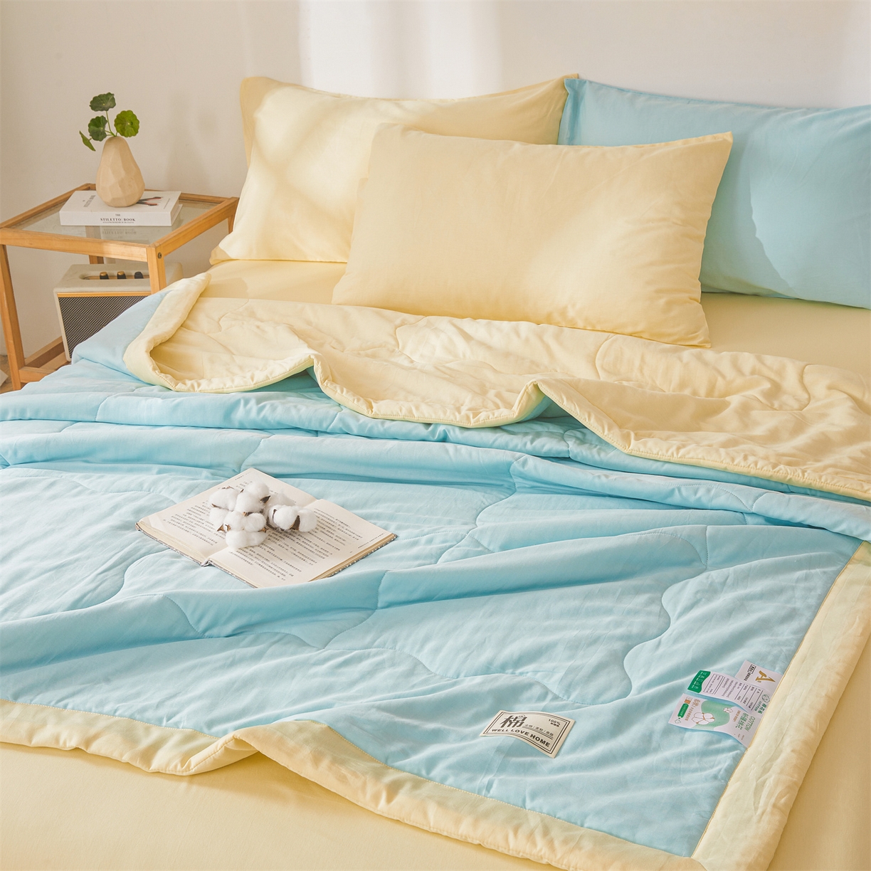 91家纺网 家纺一手货源 找家纺 晓时候 2026新款纯色100%里外全棉新疆棉花被纯棉夏凉被空调被夏被四件套被子被芯 里外全棉-天空蓝拼黄