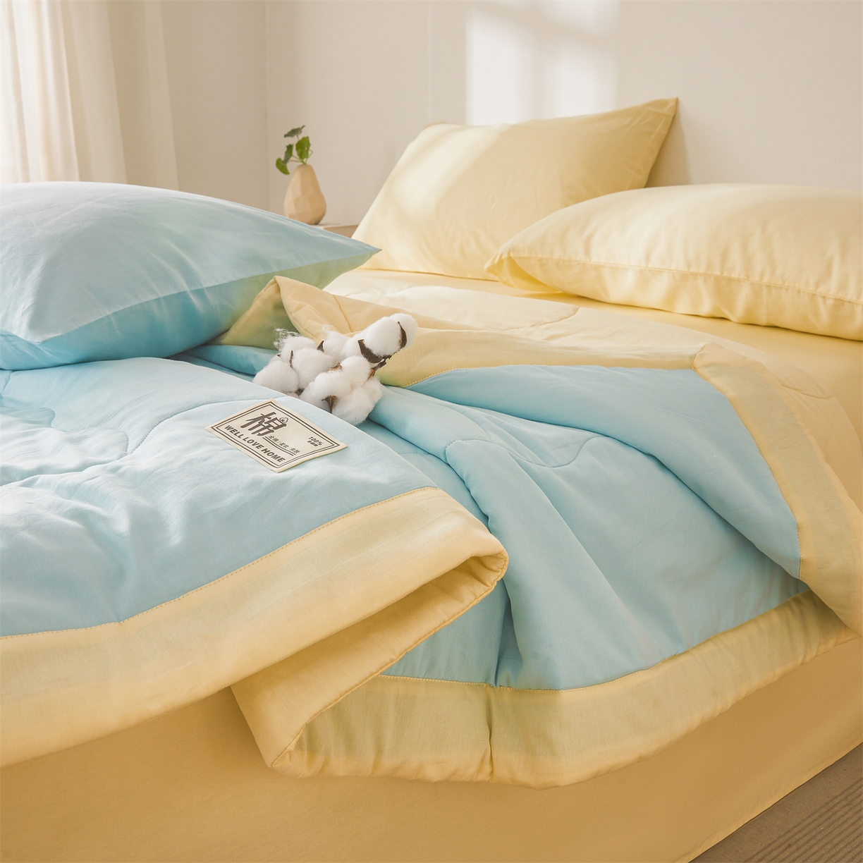 91家纺网 家纺一手货源 找家纺 晓时候 2026新款纯色100%里外全棉新疆棉花被纯棉夏凉被空调被夏被四件套被子被芯 里外全棉-天空蓝拼黄