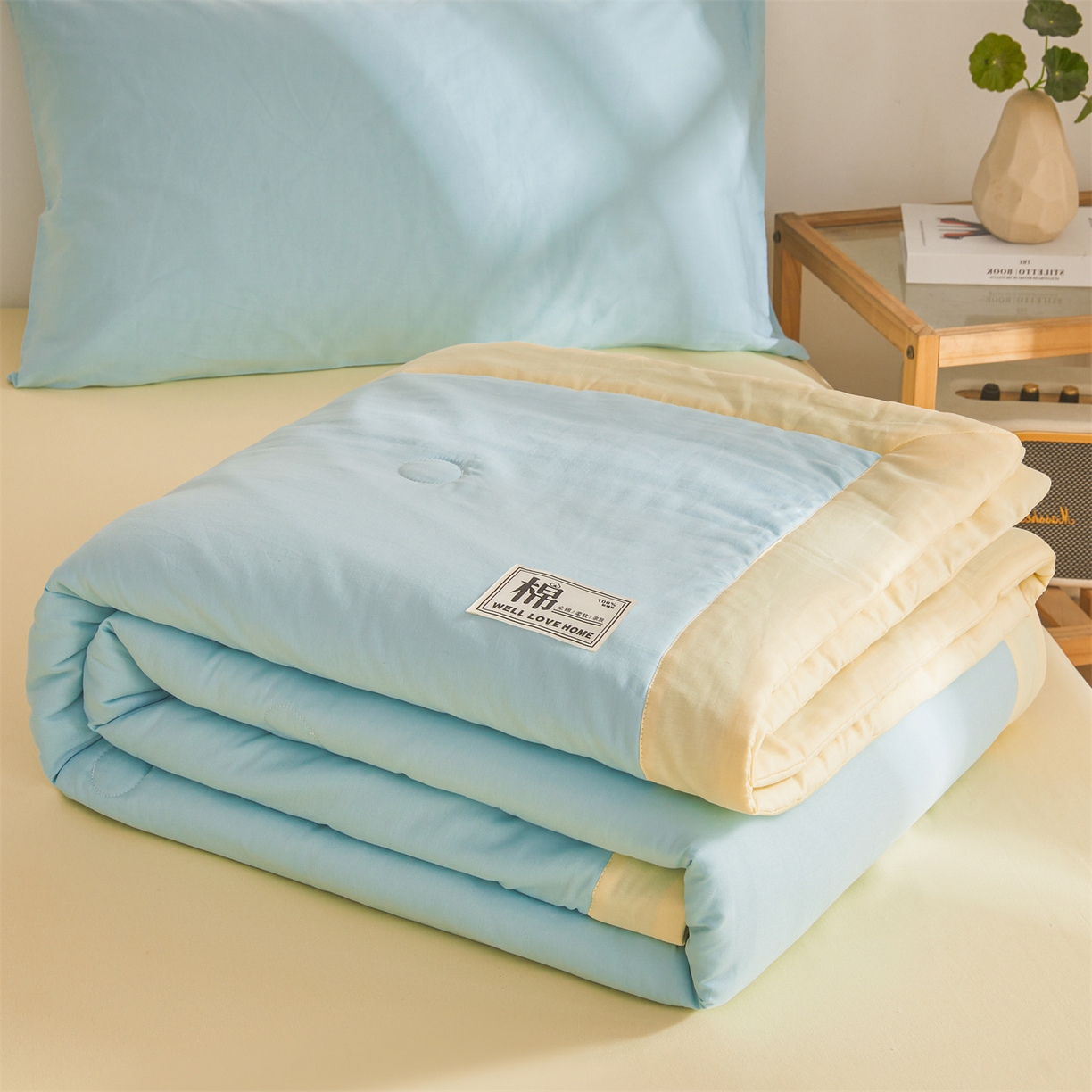 91家纺网 家纺一手货源 找家纺 晓时候 2026新款纯色100%里外全棉新疆棉花被纯棉夏凉被空调被夏被四件套被子被芯 里外全棉-天空蓝拼黄