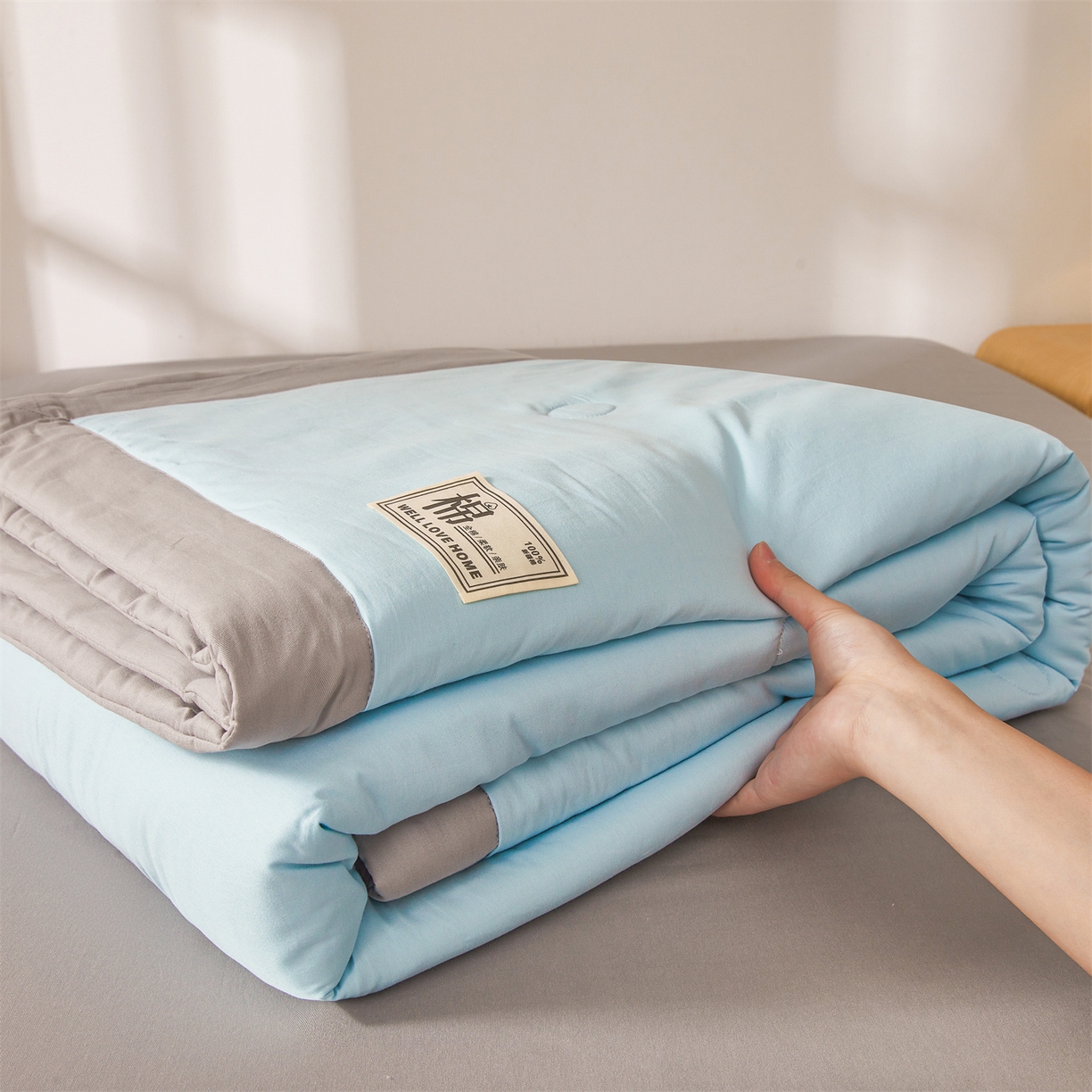 91家纺网 家纺一手货源 找家纺 晓时候 2026新款纯色100%里外全棉新疆棉花被纯棉夏凉被空调被夏被四件套被子被芯 里外全棉-天空蓝拼灰