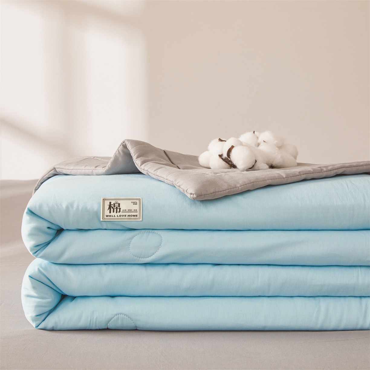 91家纺网 家纺一手货源 找家纺 晓时候 2026新款纯色100%里外全棉新疆棉花被纯棉夏凉被空调被夏被四件套被子被芯 里外全棉-天空蓝拼灰