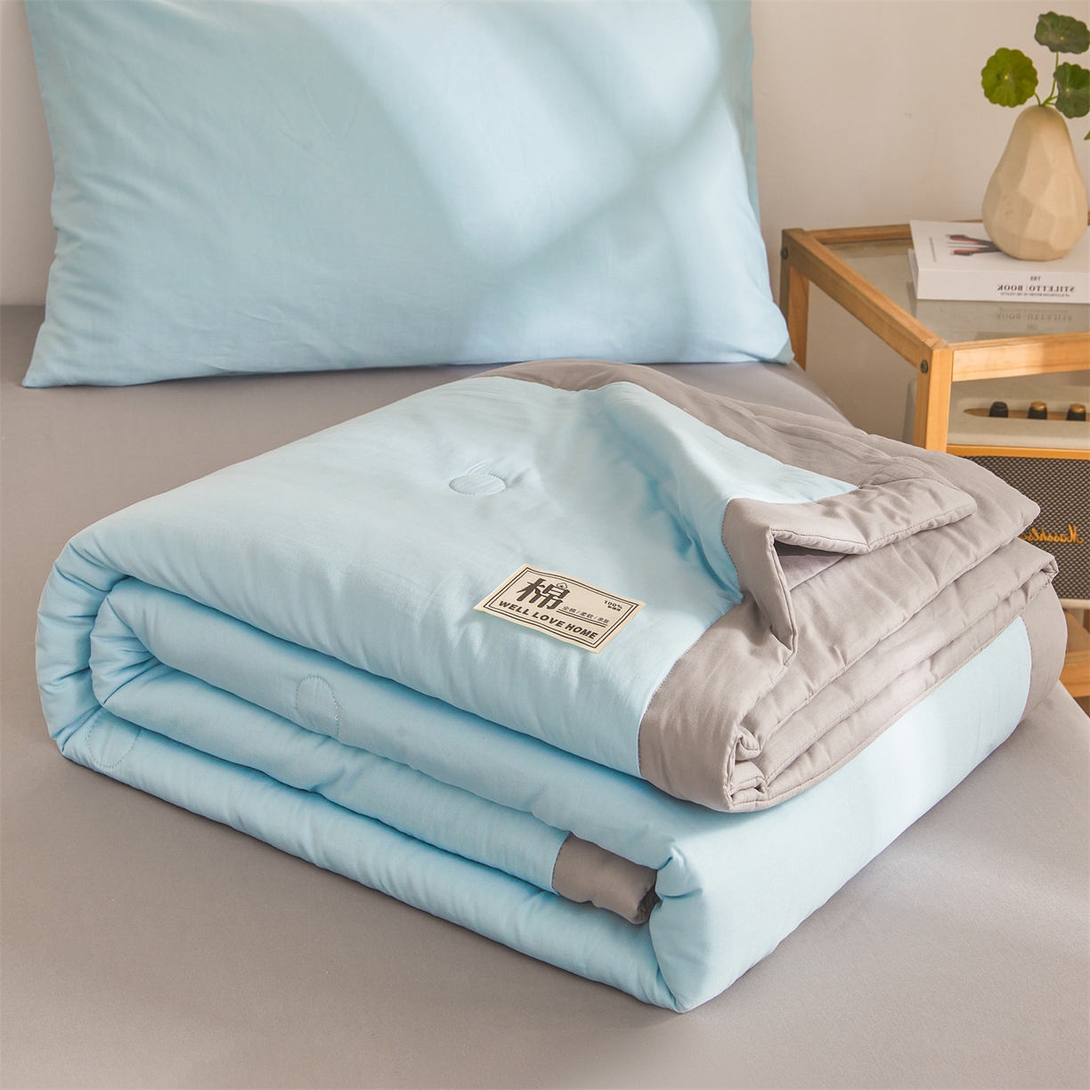 91家纺网 家纺一手货源 找家纺 晓时候 2026新款纯色100%里外全棉新疆棉花被纯棉夏凉被空调被夏被四件套被子被芯 里外全棉-天空蓝拼灰
