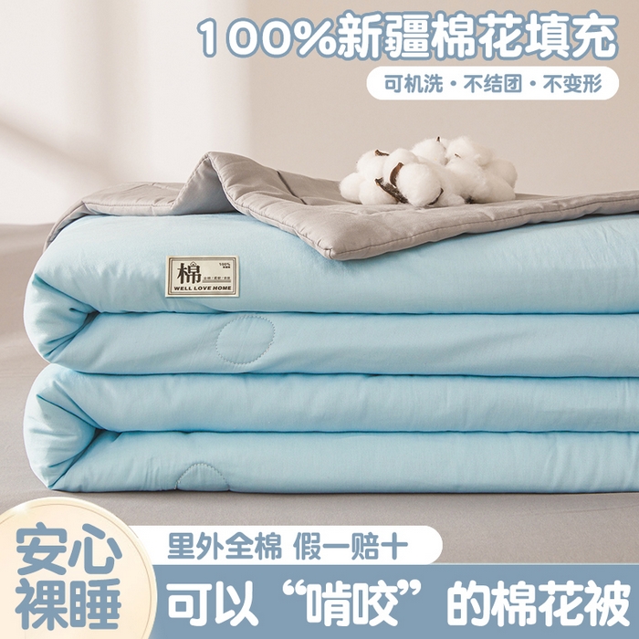 91家纺网 家纺一手货源 找家纺 晓时候 2026新款纯色100%里外全棉新疆棉花被纯棉夏凉被空调被夏被四件套被子被芯 里外全棉-天空蓝拼灰