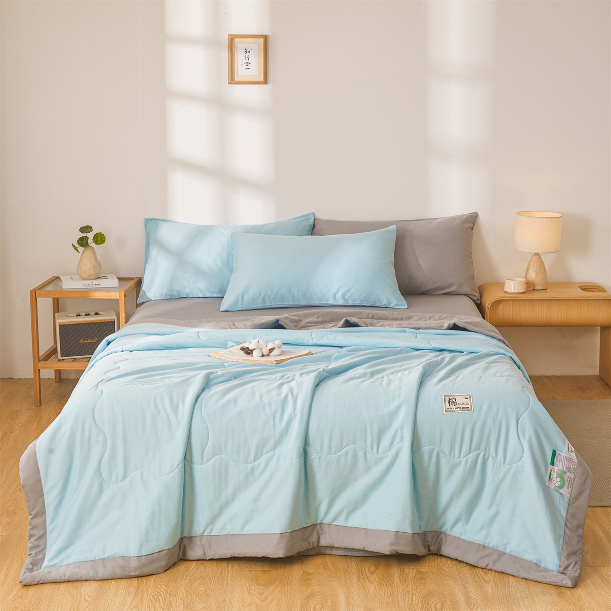 91家纺网 家纺一手货源 找家纺 晓时候 2026新款纯色100%里外全棉新疆棉花被纯棉夏凉被空调被夏被四件套被子被芯 里外全棉-天空蓝拼灰