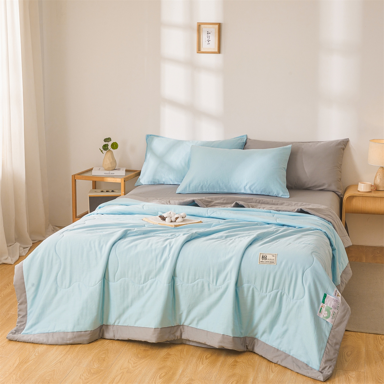 91家纺网 家纺一手货源 找家纺 晓时候 2026新款纯色100%里外全棉新疆棉花被纯棉夏凉被空调被夏被四件套被子被芯 里外全棉-天空蓝拼灰