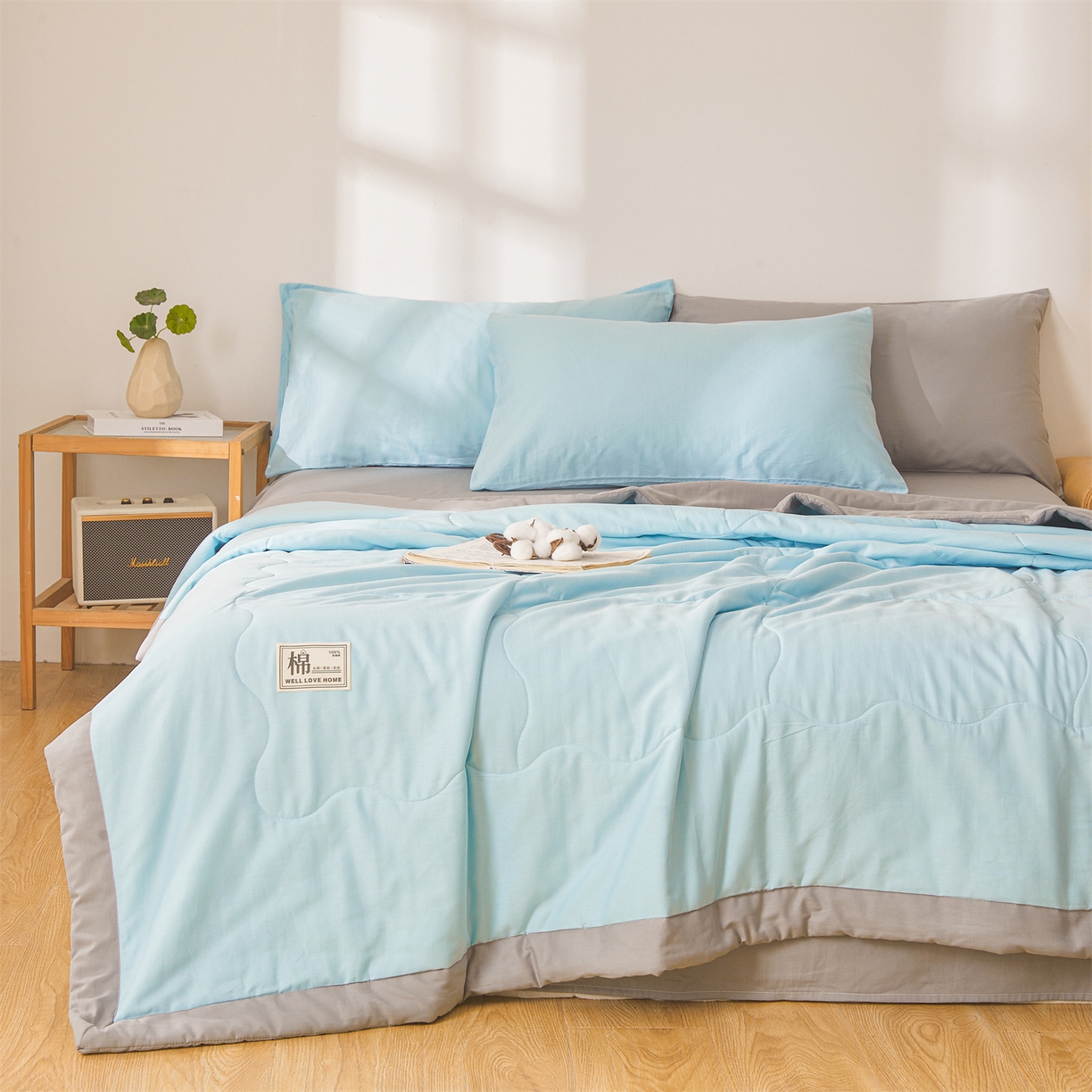 91家纺网 家纺一手货源 找家纺 晓时候 2026新款纯色100%里外全棉新疆棉花被纯棉夏凉被空调被夏被四件套被子被芯 里外全棉-天空蓝拼灰
